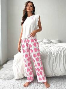 Women's Summer Heart Print Cap Sleeve T-Shirt And Pants Cute Pajama Set