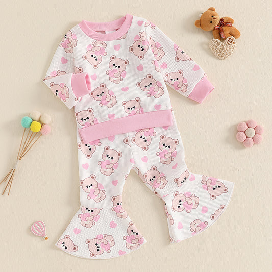 Toddler Girl Fall Outfits Heart Bear Print Crew Neck Long Sleeve Sweatshirts Flare Pants 2Pcs Clothes Set